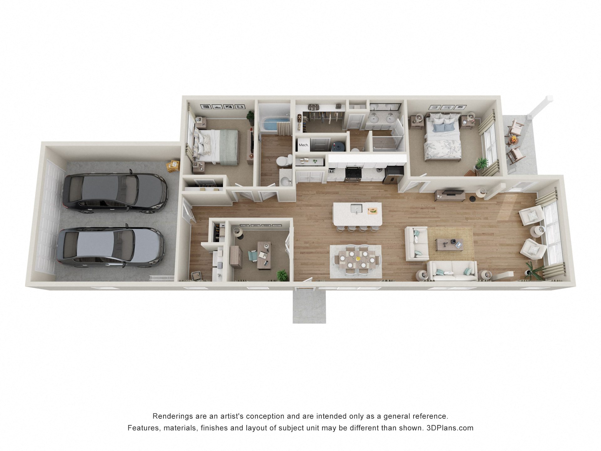 Floor plan for 2 beds, 2 baths, 1447 sqft